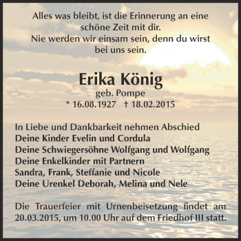 Traueranzeige von Erika König von Super Sonntag Bernburg