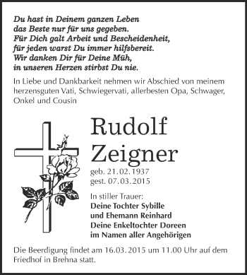 Traueranzeige von Rudolf Zeigner von WVG - Wochenspiegel Bitterfeld