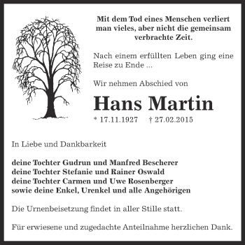 Traueranzeige von Hans Martin von Super Sonntag Zeitz