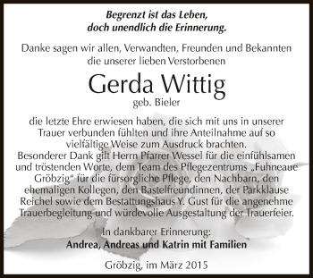 Traueranzeige von Gerda Wittig von WVG - Wochenspiegel Dessau / Köthen