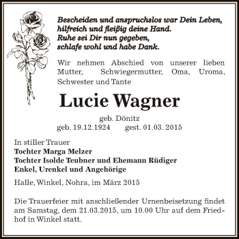 Traueranzeige von Lucie Wagner von Super Sonntag SGH Mansf. Land