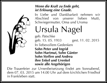 Traueranzeige von Ursula Nagel von WVG - Wochenspiegel Merseburg