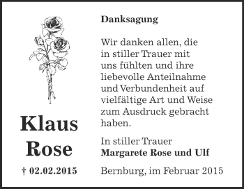 Traueranzeige von Klaus Rose von Super Sonntag Bernburg