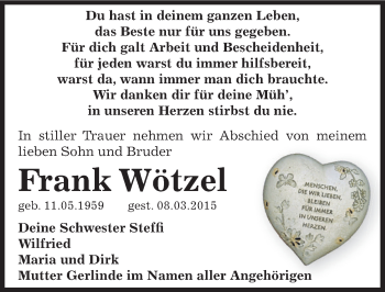Traueranzeige von Frank Wötzel von Mitteldeutsche Zeitung Bernburg