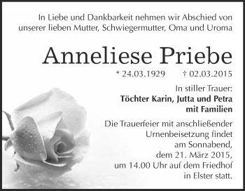 Traueranzeige von Anneliese Priebe von WVG - Wochenspiegel Wittenberg