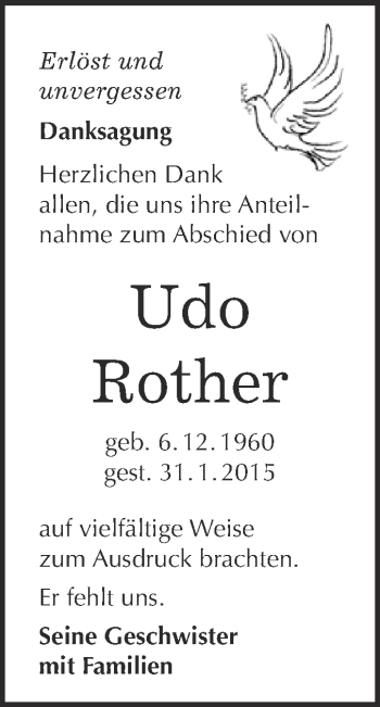 Traueranzeige von Udo Rother von WVG - Wochenspiegel NMB / WSF / ZTZ