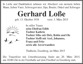 Traueranzeige von Gerhard Loße von WVG - Wochenspiegel Bitterfeld