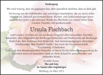 Traueranzeige von Ursula Fischbach von Super Sonntag Bernburg