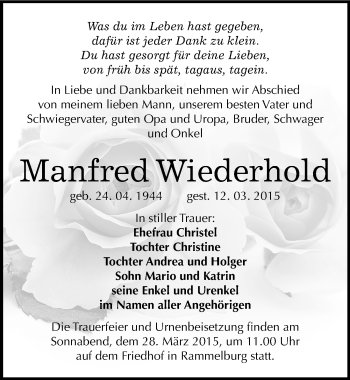 Traueranzeige von Manfred Wiederhold von Mitteldeutsche Zeitung Mansfelder Land