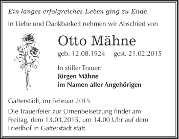Traueranzeige von Otto Mähne von WVG - Wochenspiegel Merseburg
