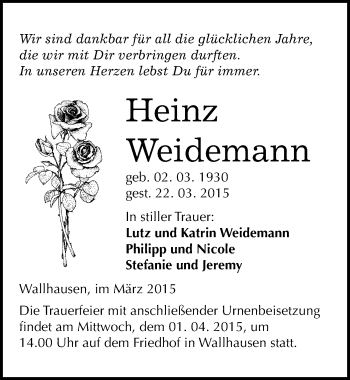 Traueranzeige von Heinz Weidemann von Mitteldeutsche Zeitung Sangerhausen