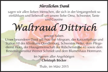 Traueranzeige von Waltraud Dittrich von WVG - Wochenspiegel Quedlinburg