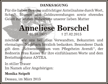 Traueranzeige von Anneliese Borschel von WVG - Wochenspiegel Dessau / Köthen