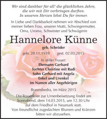 Traueranzeige von Hannelore Künne von WVG - Wochenspiegel Merseburg