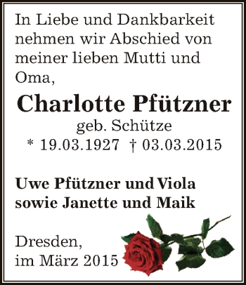 Traueranzeige von Charlotte Pfützner von Super Sonntag Zeitz