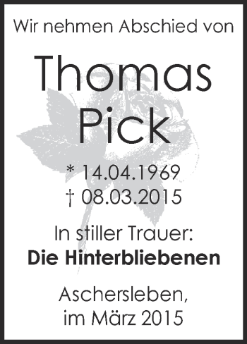 Traueranzeige von Thomas Pick von Super Sonntag Aschersleben