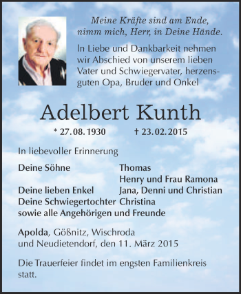 Traueranzeige von Adelbert Kunth von WVG - Wochenspiegel NMB / WSF / ZTZ