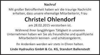Traueranzeige von Christel Ohlendorf von Super Sonntag Quedlinburg