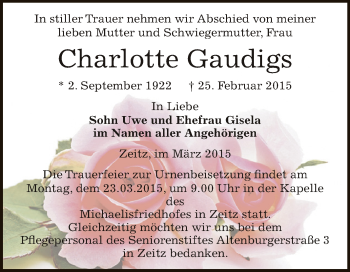Traueranzeige von Charlotte Gaudigs von Super Sonntag Zeitz