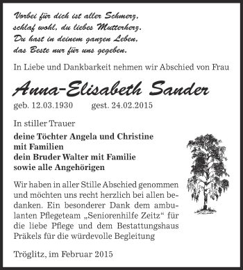 Traueranzeige von Anna-Elisabeth Sander von Super Sonntag Zeitz