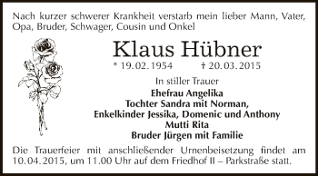 Traueranzeige von Klaus Hübner von Super Sonntag Bernburg