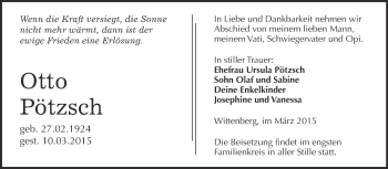 Traueranzeige von Otto Pötzsch von WVG - Wochenspiegel Wittenberg