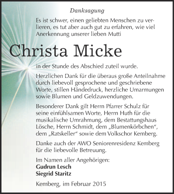 Traueranzeige von Christa Micke von WVG - Wochenspiegel Wittenberg