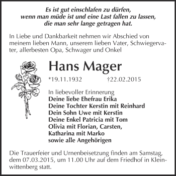 Traueranzeige von Hans Mager von WVG - Wochenspiegel Wittenberg
