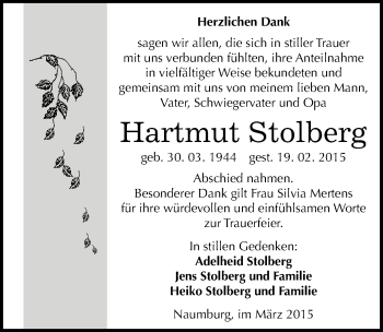 Traueranzeige von Hartmut Stolberg von Mitteldeutsche Zeitung Naumburg/Nebra