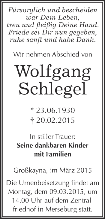 Traueranzeige von Wolfgang Schlegel von WVG - Wochenspiegel Merseburg