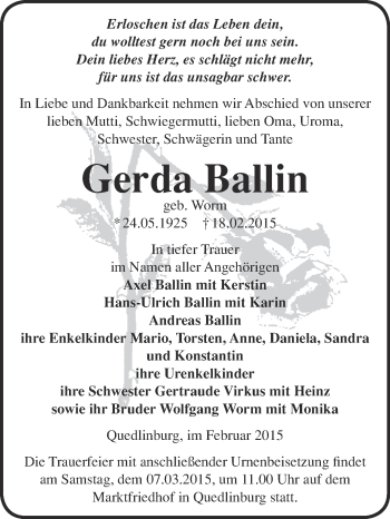 Traueranzeige von Gerda Ballin von WVG - Wochenspiegel Quedlinburg