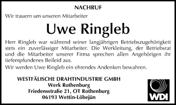 Traueranzeige von Uwe Ringleb von Mitteldeutsche Zeitung Mansfelder Land
