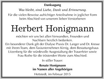 Traueranzeige von Herbert Honigmann von Mitteldeutsche Zeitung Mansfelder Land