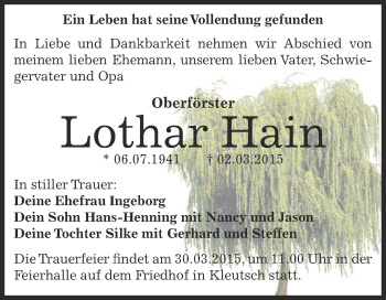 Traueranzeige von Lothar Hain von WVG - Wochenspiegel Dessau / Köthen