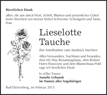 Traueranzeige von Lieselotte Tauche von Super Sonntag Merseburg