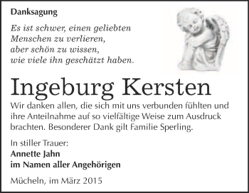 Traueranzeige von Ingeburg Kersten von WVG - Wochenspiegel Merseburg