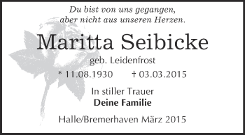 Traueranzeige von Maritta Seibicke von Super Sonntag Wittenberg