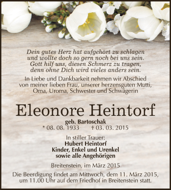 Traueranzeige von Eleonore Heintorf von Super Sonntag SGH Mansf. Land