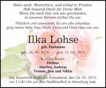 Traueranzeige von Ilka Lohse von WVG - Wochenspiegel Merseburg