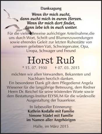 Traueranzeige von Horst Ruß von Mitteldeutsche Zeitung Halle/Saalkreis