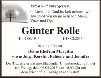 Traueranzeige von Günter Rolle von WVG - Wochenspiegel Dessau / Köthen