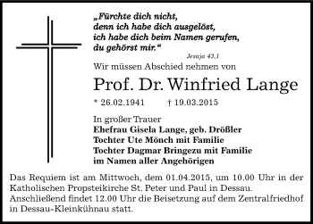 Traueranzeige von Winfried Lange von Mitteldeutsche Zeitung Dessau-Roßlau