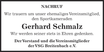 Traueranzeige von Gerhard Schmalz von Super Sonntag Zeitz
