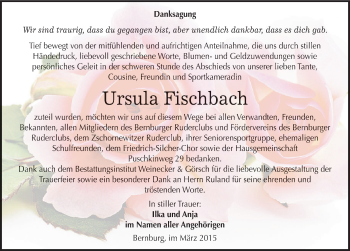 Traueranzeige von Ursula Fischbach von Mitteldeutsche Zeitung Bernburg