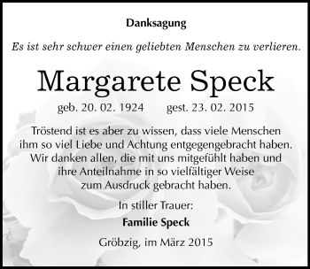 Traueranzeige von Margarete Speck von Mitteldeutsche Zeitung Köthen