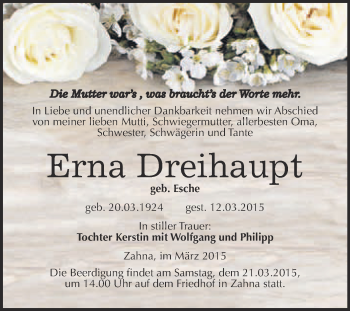 Traueranzeige von Erna Dreihaupt von Super Sonntag Wittenberg