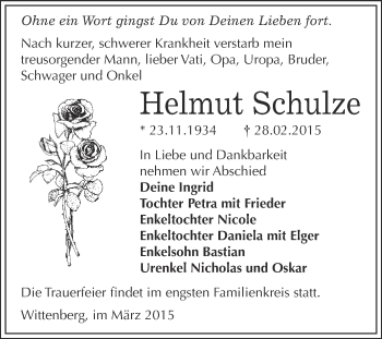 Traueranzeige von Helmut Schulze von Super Sonntag Wittenberg