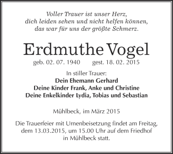 Traueranzeige von Erdmuthe Vogel von WVG - Wochenspiegel Bitterfeld