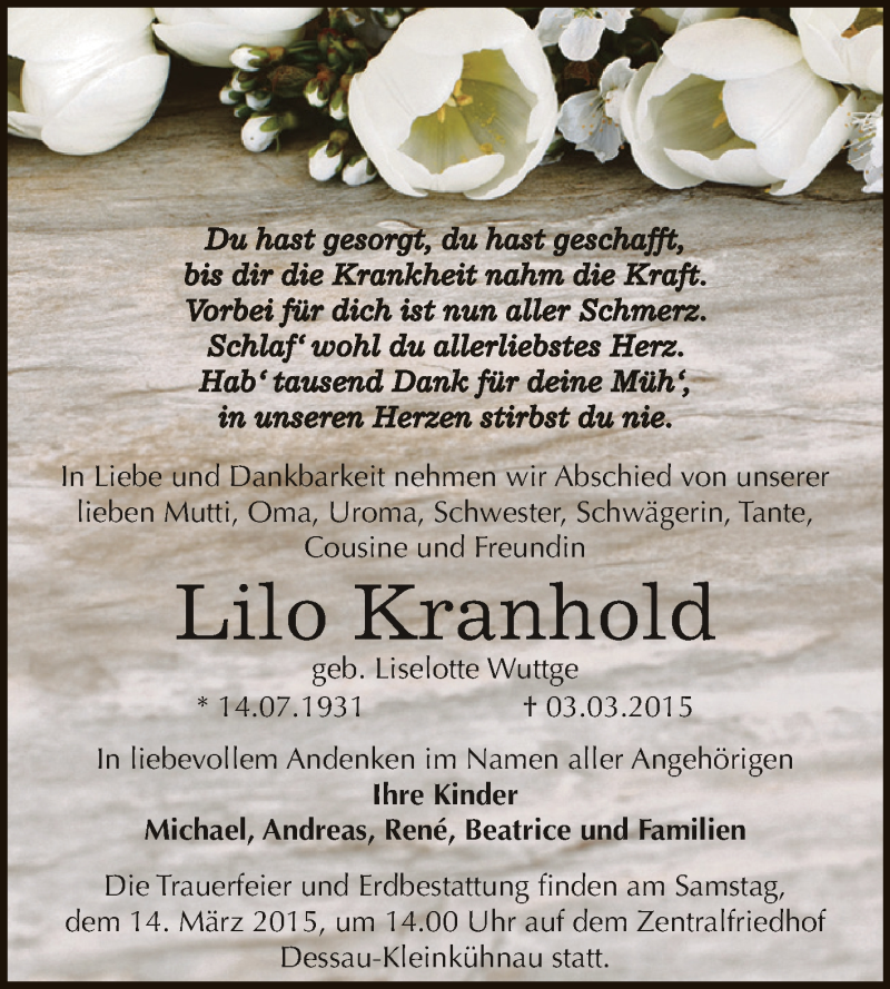  Traueranzeige für Lilo Kranhold vom 08.03.2015 aus WVG - Wochenspiegel Dessau / Köthen