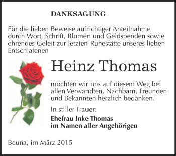 Traueranzeige von Heinz Thomas von Super Sonntag Merseburg